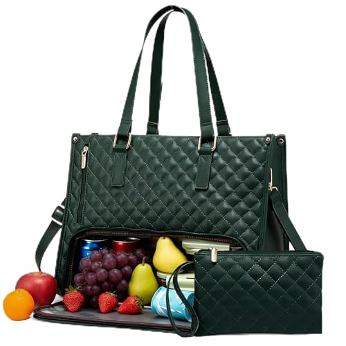 Packuum Tote Bag Lunch Tote Bag for Women 15.6 Inch Laptop Work Bag with Insulated Lunch Box Compartment & Purse (Green)