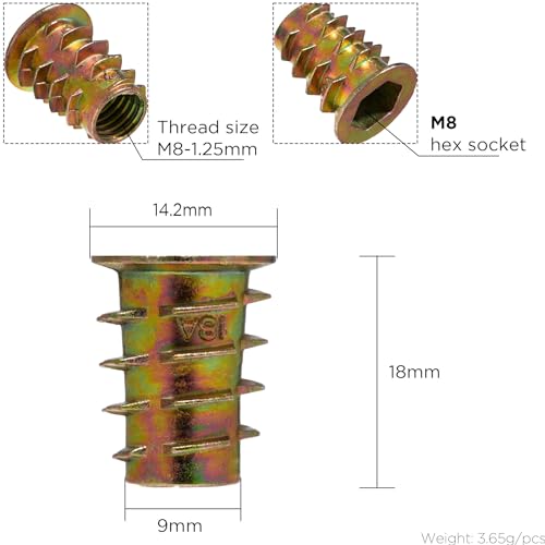 YoiYee M8 x 18mm Wood Insert Hex Socket Nuts - Threaded Flanged Hex Socket Nut Insert for Wood Furniture DIY Projects - 25 Pack - Image 2