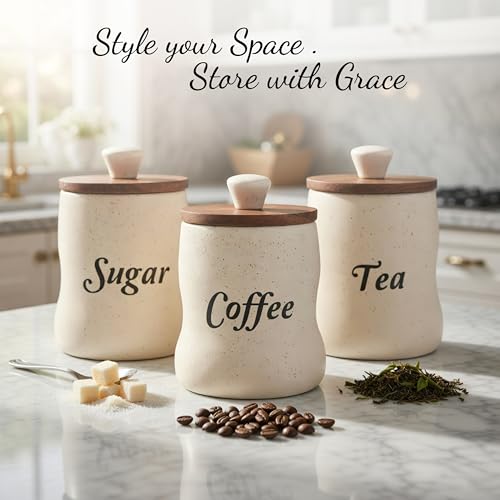 Image of Ceramic Tea Coffee Sugar Containers Set of 3 with Wooden Lids | Jar & Container for Kitchen Storage Set | Multi Utility Air Tight Kitchen Organizer Items (Hand-Painted, 330 ML)