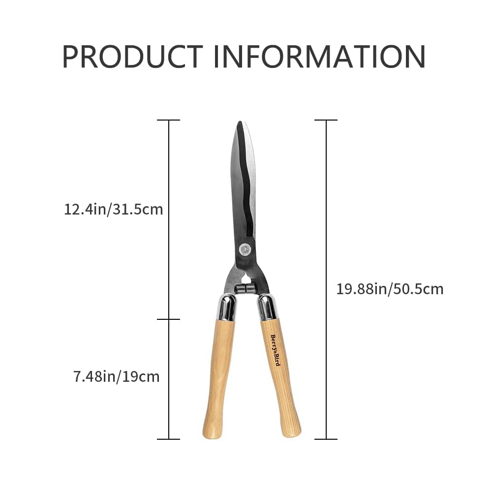 Berry&Bird Garten Heckenschere, 50.5 cm Schwere Ausführung zum Trimmen von Rändern, Buchsbaum und Büschen, Manuelle Heckenschere mit Scharfen Klingen aus Carbonstahl und Komfortgriffen
