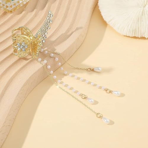 Image of Korean StyleHair Clips For Women - Butterfly Clips For Women, Korean Hair Accessories - Butterfly Clip With Pearls & Rhinestone - Hair Accessories for Women (1 Pc) Butterfly Clutcher For Hair