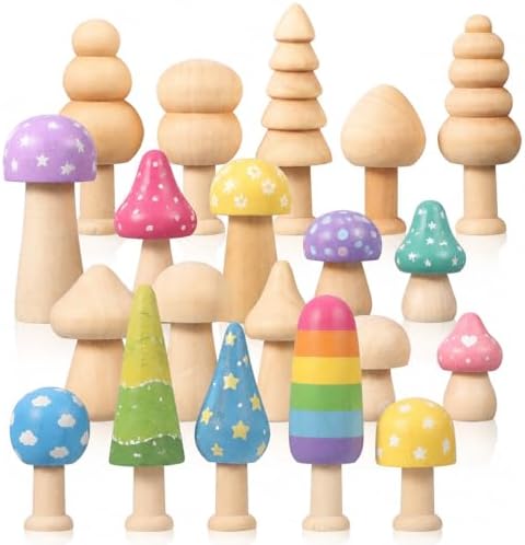 Toddmomy 20 Pcs Unfinished Wood Mushrooms and Trees Set, Natural ...
