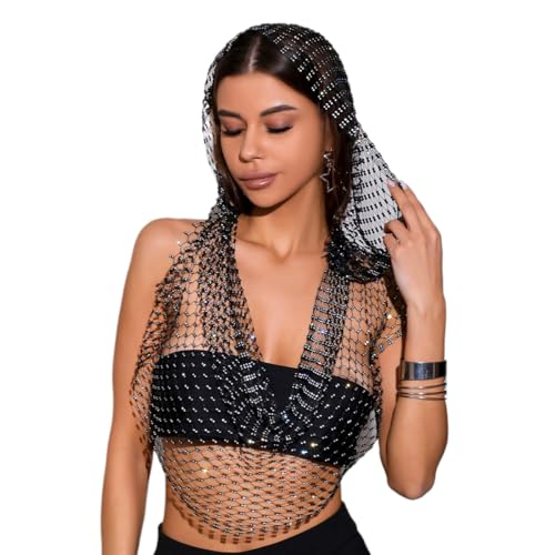 Rhinestone Mesh Tops for Women, Sexy Hood Shirt Hollow Out Tops Party Clubwear Bikini Crop Top