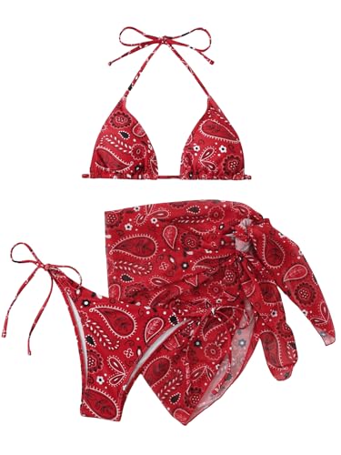 SOLY HUX Bikini Sets for Women Paisley Print Halter Triangle Bathing Suit 3 Piece Swimsuit with Sarong Cover Up