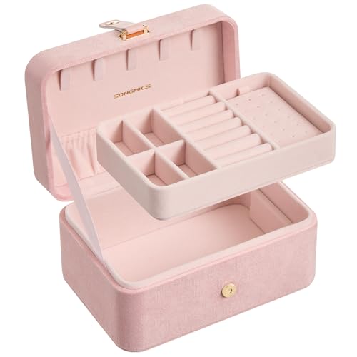 SONGMICS Jewellery Box, 2-Layer Jewellery Storage, 11.6 x 16 x 7.5 cm Travel Jewellery Box, Portable Jewellery Case, Small, Spacious, for Larger Accessories, Gift Idea, Jelly Pink JBC166R02