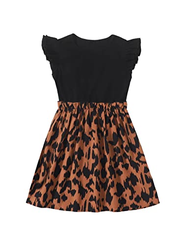 SOLY HUX Girl's Ruffle Trim Cap Sleeve Leopard Print High Waist Flared A Line Dress