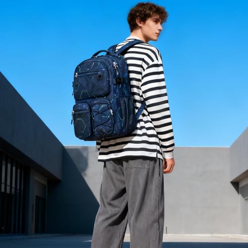 Image of Lohol Multi-Pocket Backpack for School College Travel, Heavy Duty Big Bookbag with 15.6 inch Laptop Compartment (Navy Geometry