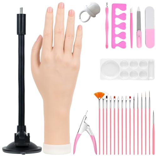 Practice Hand for Acrylic Nails, Flexible Bendable Fake Hand with Adjustable Stand, Nail Training Kit Mannequin Hand for Beginners & Nail Artists (Suction Cup Stand)