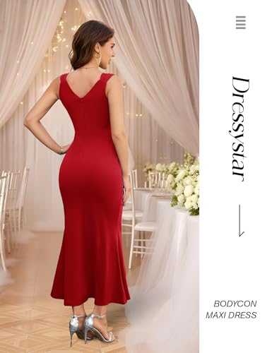 Image of Dressystar 2026 Women's V Neck Bodycon Mermaid Formal Evening Maxi Dress | Summer Wedding Guest,Cocktail Dresses for Women,Long Gown,Mermaid Split Ruffle Design ,Sleeveless,comfort and medium stretch