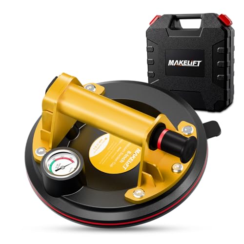 MAKELIFT Suction Cup for Glass, 8" Tile Suction Cup Tool, 130KG Max Load, Pressure Gauge, Towel & Gloves, Heavy-Duty Vacuum Lifter for Window, Windshield, Marble, Granite and Metal (1-Pack)
