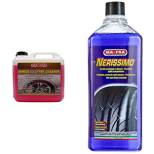 Ma-Fra, Pulitore Gomme, Detergente per Cerchi Pneumatici Auto, 4500ml & Nerissimo, Nero gomme Liquido Concetrato ad Alto Potere Coprente, Protegge, Ravviva e Preserva Il Colore Senza Ungere, 1000ml