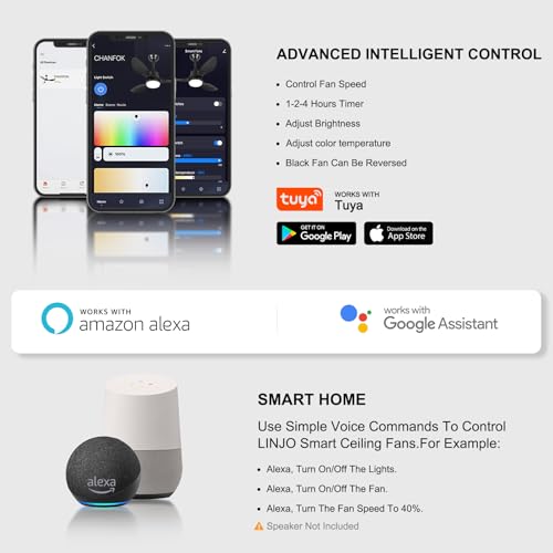 42 Inch Smart Ceiling Fans with Lights Remote LED Dimmable,Outdoor Indoor Modern Ceiling Fan Controlled by WiFi Alexa App,FCC Quiet DC Motor,3 Black Blades for Bedroom Living Room Patio Porch by LINJO - Used condition - Image 6