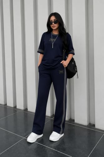 Image of Tracksuit for Women | Casual Brown Loungewear 2 Piece Set | Short Sleeve T Shirt and Wide Leg Pants with Side Stripes | Sports Jogging Co ord Matching Sweatsuit(40-N-1-4)