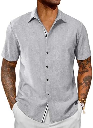 Runcati Mens Button Down Linen Shirt Short Sleeve Casual Lightweight Summer Beach Shirts Vacation Wedding Tops