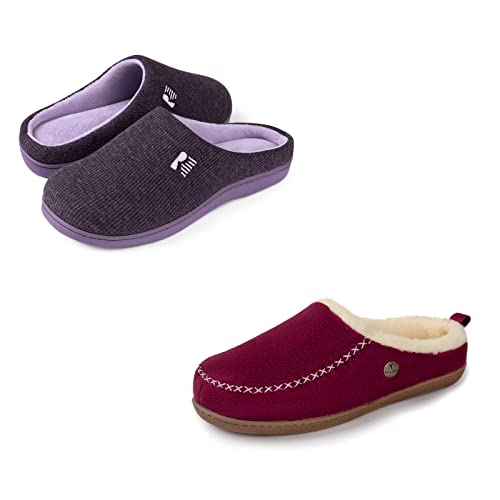RockDove Set of 2 Pairs - US Size 9-10, Women's Original Two-Tone Memory Foam Slipper (Eggplant) Women's Dakota Faux Shearling Lined Slip-On (Wine)