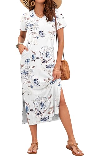 Image of MISFAY Womens Maxi Dress Short Sleeve V Neck Loose with Pockets | Soft stretchy breathable, v neck loose fit, side split hem, two side pockets, casual daily beach vacation travel dress