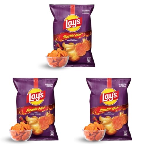 Image of Lay's Sizzlin' Hot Potato Chips 48g /52.9g, Crispy Wavy Chips and Snacks (Pack of 3)