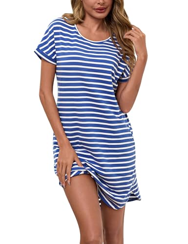 Litherday Nachthemd Damen Kurz Nachtwäsche Streifen Nachtkleid aus 95% Baumwolle Loungewear Negligee Kurze Ärmel Sleepshirt mit 2 Tasche,...