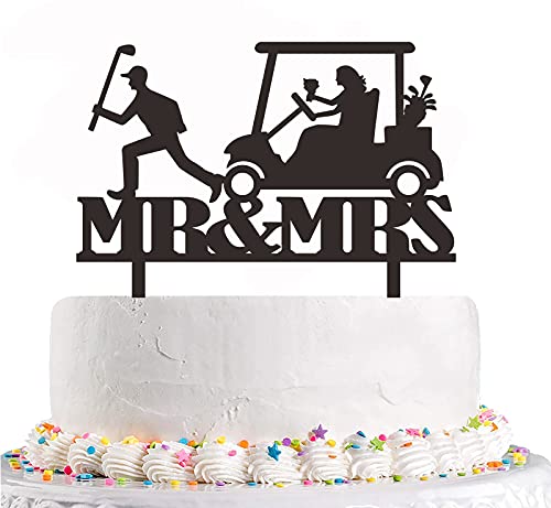Golf Wedding Cake Topper, Funny Golf Theme Wedding Cake Topper - Groom Run Ahead And Bride Rides Golf Cart Chased