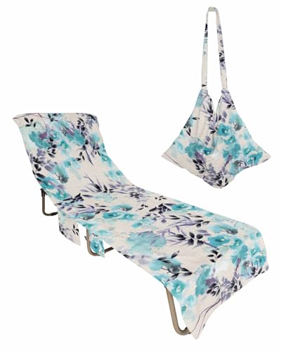 Blue Spring Flower Beach Chair Towel Covers for Chaise Lounge with Side Pocket, Soft Plush Pool Towels Cover for Patio Sunbathing Outdoor 29''x85'' Farmhouse Country Painting Leaves