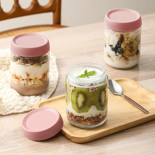 Image of NETANY 6-pack 16oz Glass jars with Airtight Lids, Overnight Oats Containers with Lids, Wide mouth Mason Salad jars, Glass Food Storage Containers for Snacks Yogurt Spice Sugar-Pink
