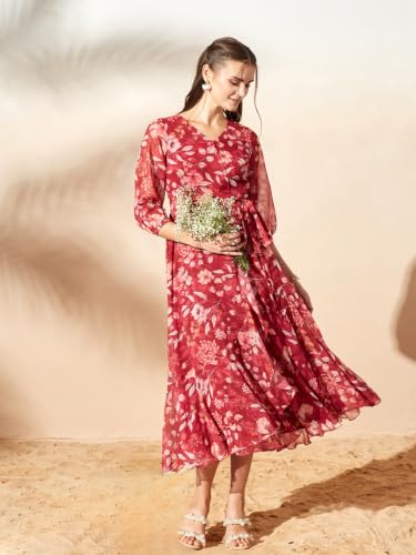 Image of Miss Chase Women's Multicolored Black Floral V-Neck 3 /4 Sleeve Wrap Chiffon Midi Dress