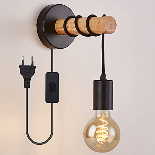 Mengjay Lampada da parete retrò in metallo e legno, interruttore sul filo, lampadina E27 non inclusa, applique vintage, design industriale, ideale per ambienti rustici e moderni (Nero)