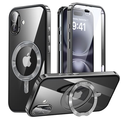 iPhone 16 用 両面 MagSafe対応 ケース アイフォン16 アルミバンパー 360°回転スタンド Uovon スマホケース アイホン16 全面保護 カバー カメラレンズ保護 あいほん16 ワイヤレス充電対応 リング付き ロック機能 ・ ブラックのサムネイル