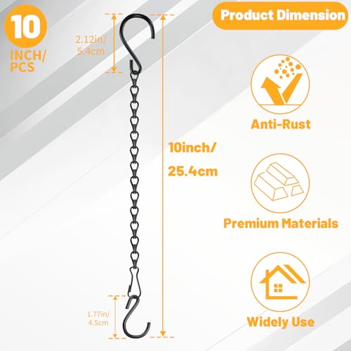 garini 10 Pack 10 Inch Plant Hanger,Black Hanging Chains with S Hooks for Hanging Plants,Adjustable Replacement Plant Hangers Outdoor for Bird Feeders,Lanterns and Flower Basket Pots
