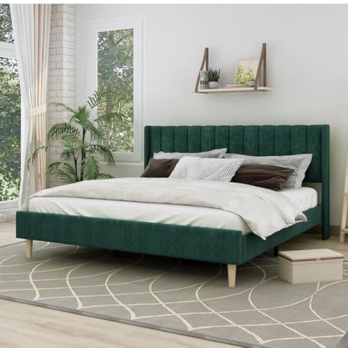 Image of Low Profile Upholstered Platform Bed with Winback Headboard | Bed King Size | Bed Without Storage | Upholstered Beds King Size | Mattress not Included | Green