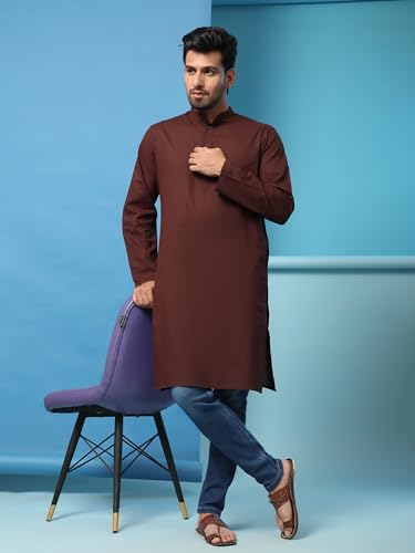 Image of SKAVIJ Mens Cotton Casual Wear Modern Kurta Shirt for Everyday Use Yoga Outfit Brown X-Large