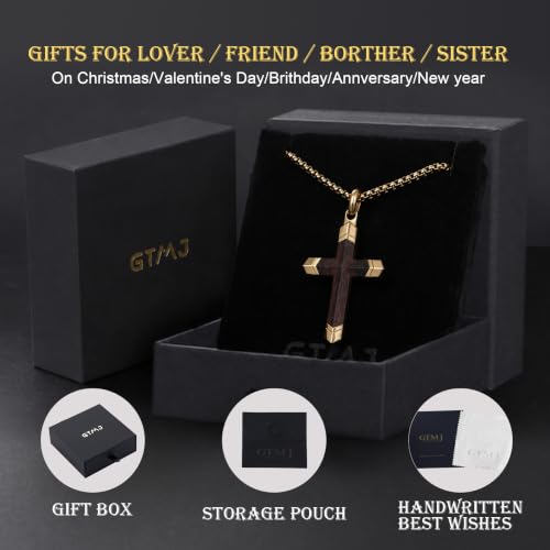 Image of Wooden Cross Necklace for Men with Stainless Steel Adjustable Chain 24-26in, Christian Wood Crucifix Pendant Gift for Him
