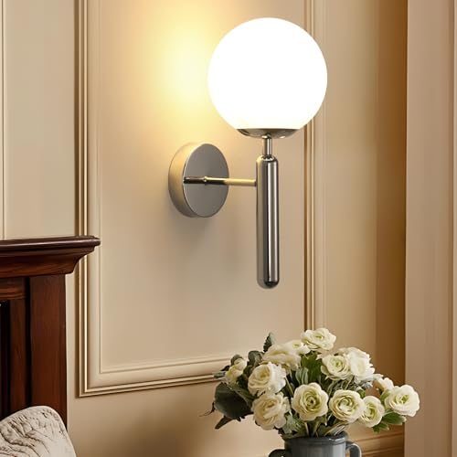 Goeco Applique Murale Intérieure, E27 Lampe Murale Chromé avec Abat-jour en Boule de Verre Diamètre 15 cm, Max.60W, Éclairage Ambiance Vintage pour Chambre...