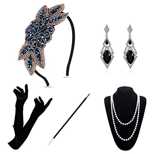 1920s Flapper Accessories - 20s Gatsby Juego de accesorios de disfraz rugiendo Vintage 1920 Fancy Dress Feather Headband Cover