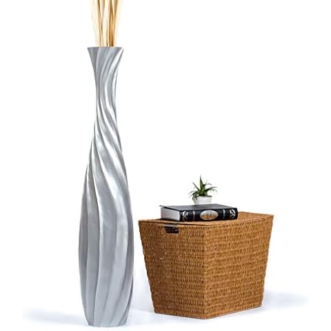 Leewadee Large Silver Home Decor Floor Vase – Wooden 43 inches Tall Farmhouse Decor Flower Holder for Fake Plant and Pampas Grass Cover