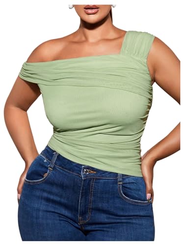 WDIRARA Women's Plus Size One Shoulder Tank Top Mesh Ruched Asymmetrical Sleeveless Tee Tops