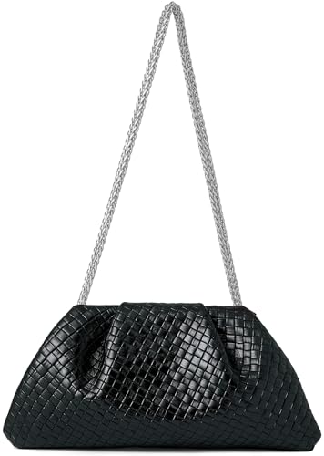 Image of Women's Woven Evening Bag Ruched Dumpling Clutch Purse Detachable Chain Crossbody Bag