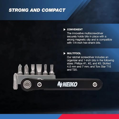 Image of NEIKO 03044A 1 /4-Inch Drive Mini Ratchet Screwdriver Set, 8 Pc, Cr-V Steel, Tight Reach, 90 Degree Screwdriver, Low Profile, Close Quarter, Right Angle Offset, Short Phillips, Slotted, Torx Star