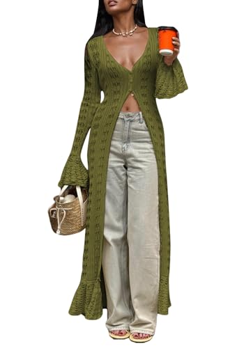 Image of Unybwonn Long Cardigans for Women Crochet Hollow Out Knit Sweater Cover up Maxi Dress Long Sleeve Button Down Cardigan
