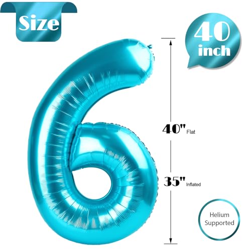 Image of Light Blue Number 6 Balloon 40 Inch, 6th Birthday Party Decorations, Giant 6 Foil Balloon for Party Supplies
