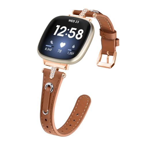 Leather Straps Compatible with Fitbit Versa 4/Versa 3 Strap for Women Genuine Leather Wristband Metal Bling Rhinestone Replacement Watch Band Strap Bracelet for Sense 2/Sense (Brown/Rose Gold)