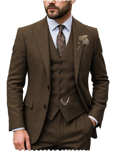 Men's Suits Slim Fit 3 Pieces Prom Tuxedos Tweed Herringbone Jacket+Waistcoat+Trousers Wedding Grooms3