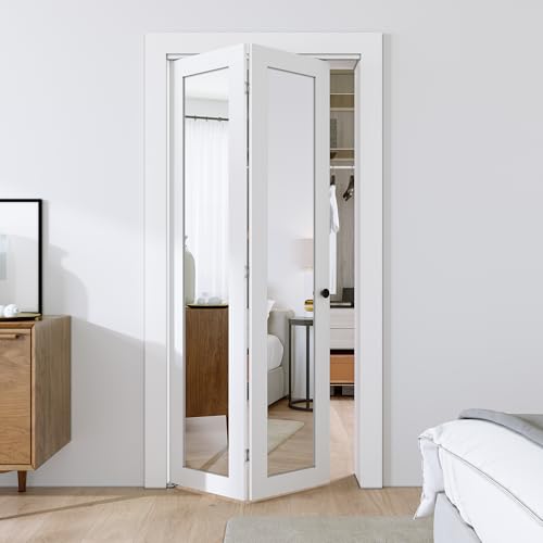 SMARTSTANDARD Bifold Doors, Mirror Closet Doors for 36''（18' x2） x 80' with Sliding Hardware Kit Set, Interior Bi Fold Door for Closet, Easy Install, MDF, White