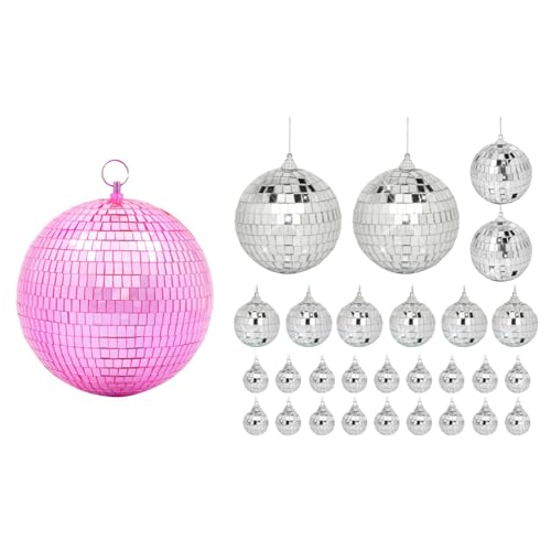 Set de 28 bolas espejadas mini plateadas y 1 bola espejada rosa de 6 pulgadas para decoración de fiestas temáticas de los 70, Navidad, cumpleaños y bodas miniatura 1
