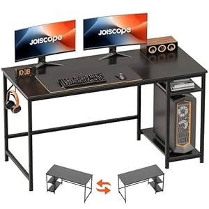 JOISCOPE Home Office Desk with Double Reversible Side Shelves and Headphone Hooks, Computer Desk for Working, Gaming, Studying, 55 inches, Black