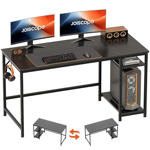 JOISCOPE Home Office Desk with Double Reversible Side Shelves and Headphone Hooks, Computer Desk for Working, Gaming, Studying, 55 inches, Black