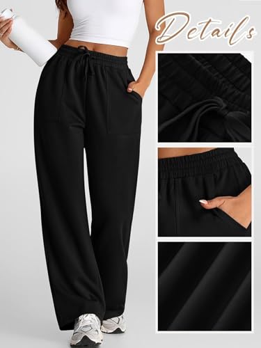 Image of Q - RIOUS Women's Wide Leg High Waisted Baggy Lounge Sweat Pants Drawstring Athletic Flared Joggers with Pockets