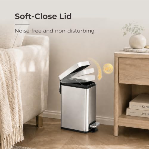 Image of Sineng Bathroom Trash Can with Lid Soft Close, 1.6 Gallon Stainless Steel Small Pedal Garbage Can with Removable Inner Bucket, Waste Bin for Kitchen Bedroom, Compact Toilet Trash bin