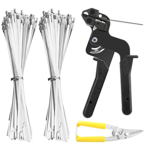 Metal Zip Ties Tool Kits Heavy Duty Zip Ties Gun with 200Pcs 11.8inch Stainless Steel Cable Ties and Scissors Metal Tie Wrap Gun Self-Locking Metal Cable Ties For Fence Exhaust Pipe Outdoor (11.8'')