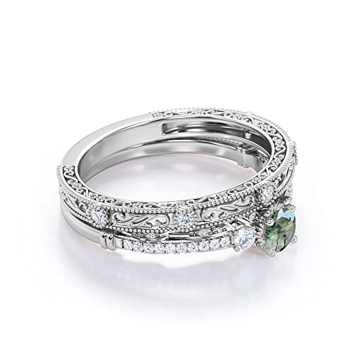 Moss Agate Ring Set Natural Moss Agate and Moissanite Engagement Ring for Women 10K 14k 18K White/Yellow/Rose Gold Moss Agate Engagement Ring Wedding Band Moss Agate Wedding Ring Set for Her4